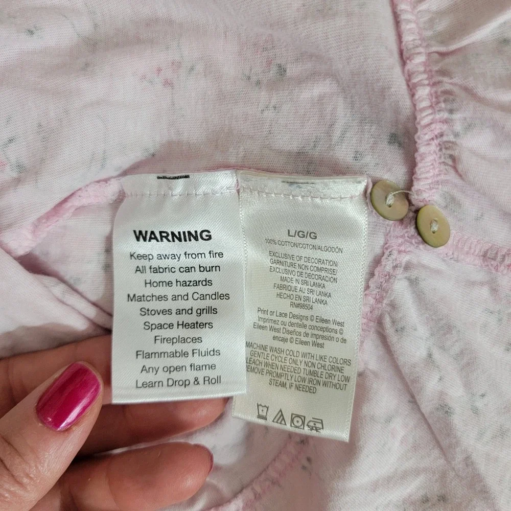 Eileen West Jersey Knit Long Sleeve Short Pink Floral Cotton Nightgown sz L EUC‎